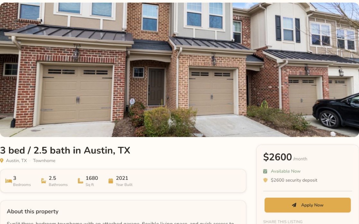 Public Hunnie Homes listing for a three-bedroom Austin townhome